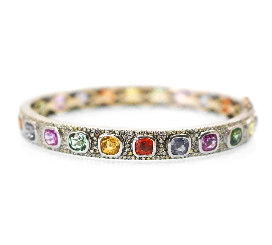 Sterling Silver Multi Sapphire Diamond Bangle - Monisha Melwani Jewelry