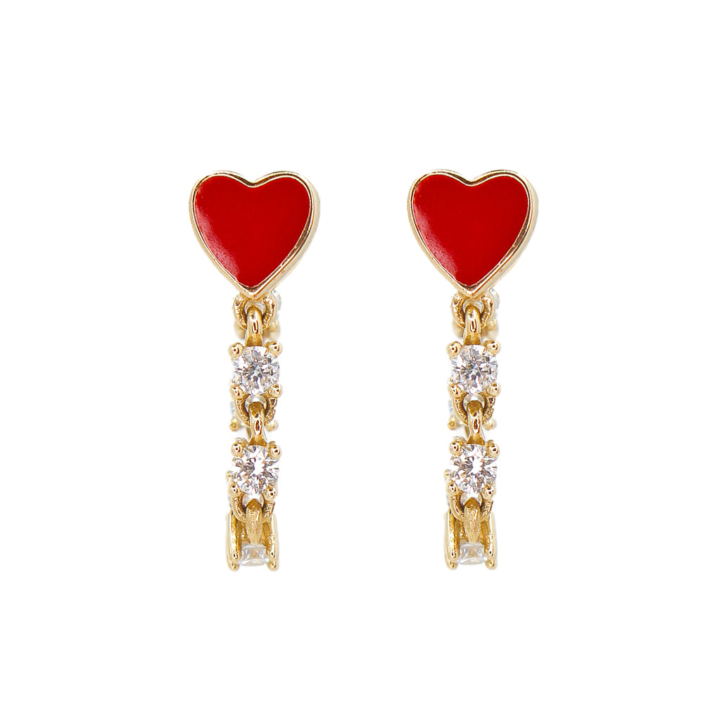 Gold Red Enamel Heart Diamond Chain Earring - 14KT Gold - Monisha Melwani Jewelry