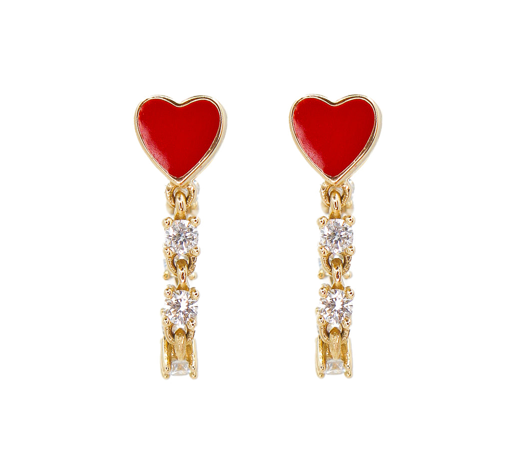 Gold Red Enamel Heart Diamond Chain Earring - 14KT Gold - Monisha Melwani Jewelry