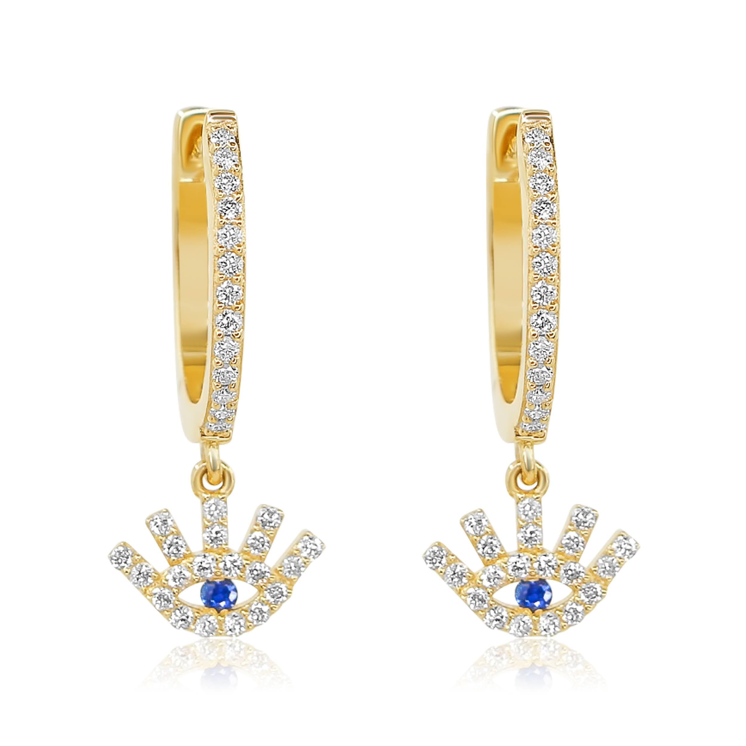 Gold Diamond Evil Eye Blue Sapphire drop Hoop Earrings-14kt gold-Monisha Melwani Jewelry