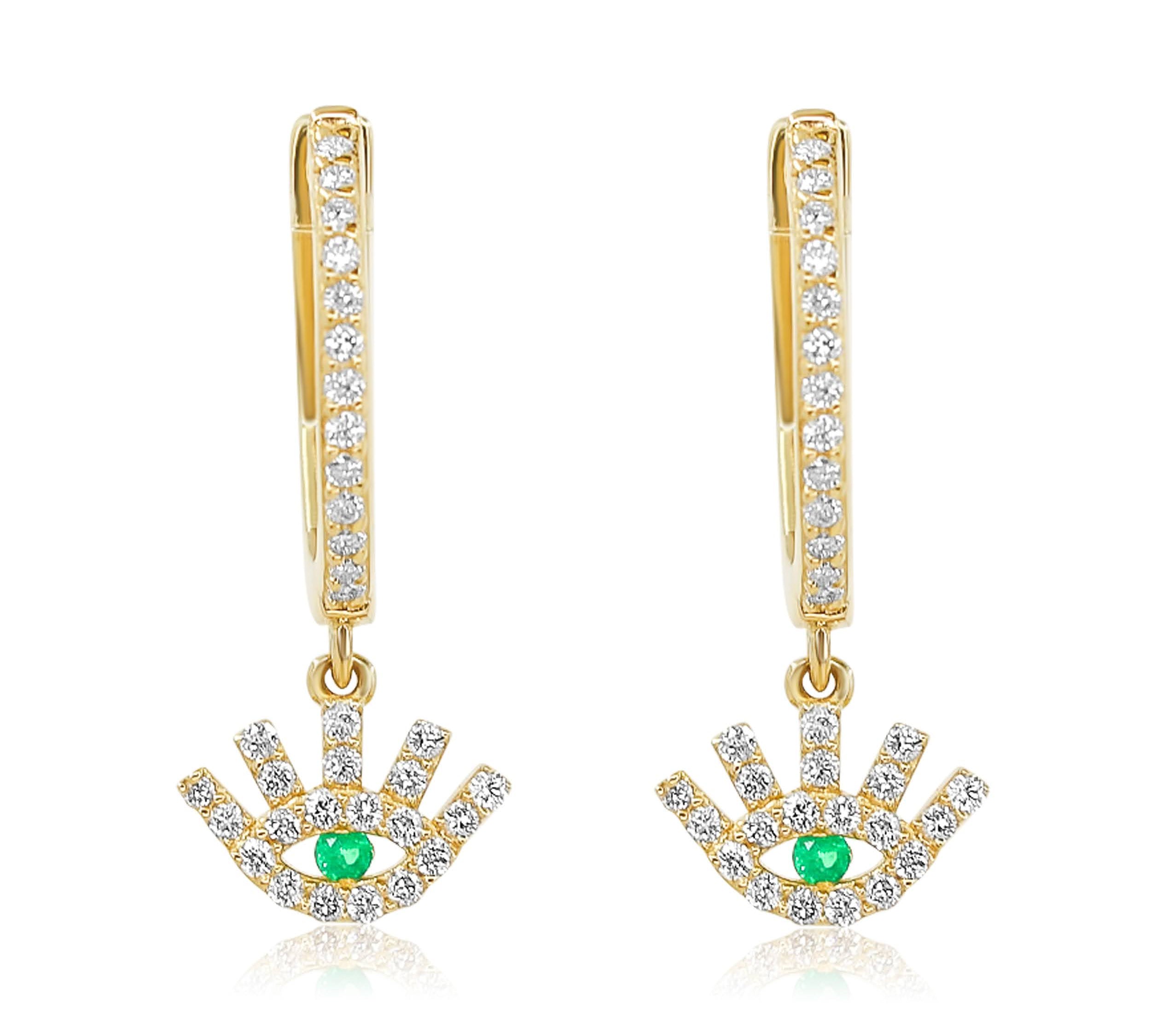 Gold Diamond Evil Emerald Drop Hoop Earrings-14kt gold-Monisha Melwani Jewelry