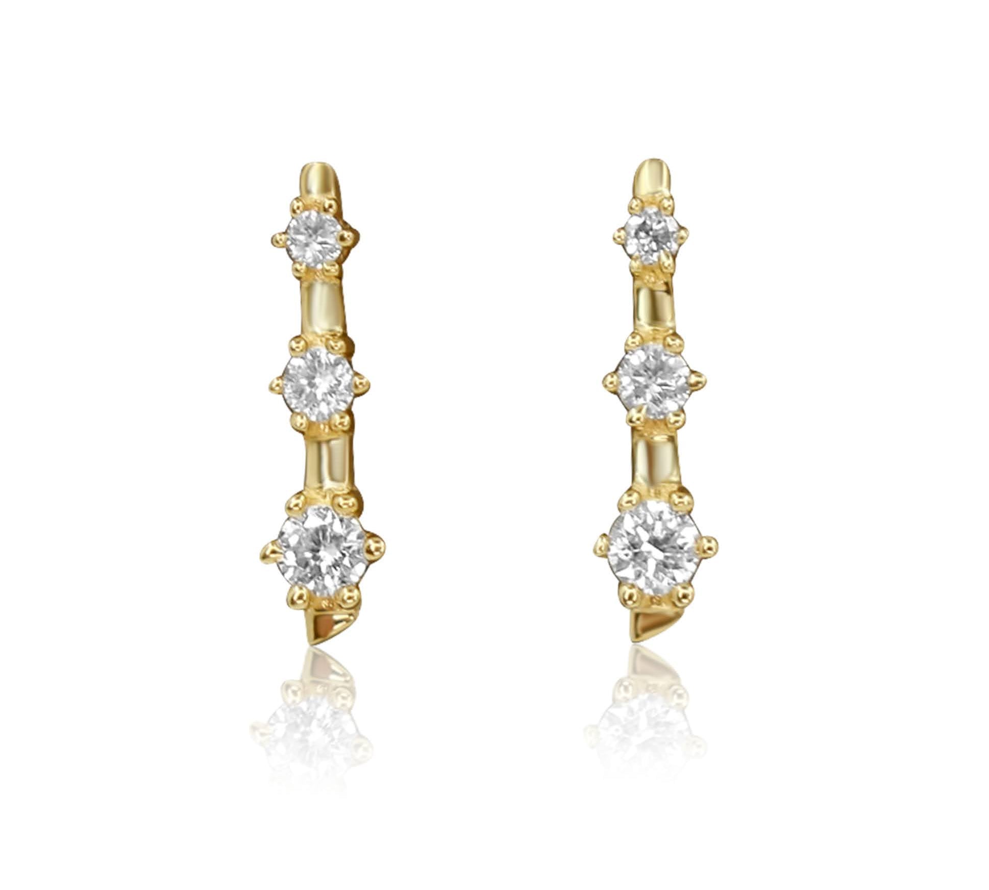 Gold Tripple Prong Diamond Earring-14kt Gold-Monisha Melwani Jewelry