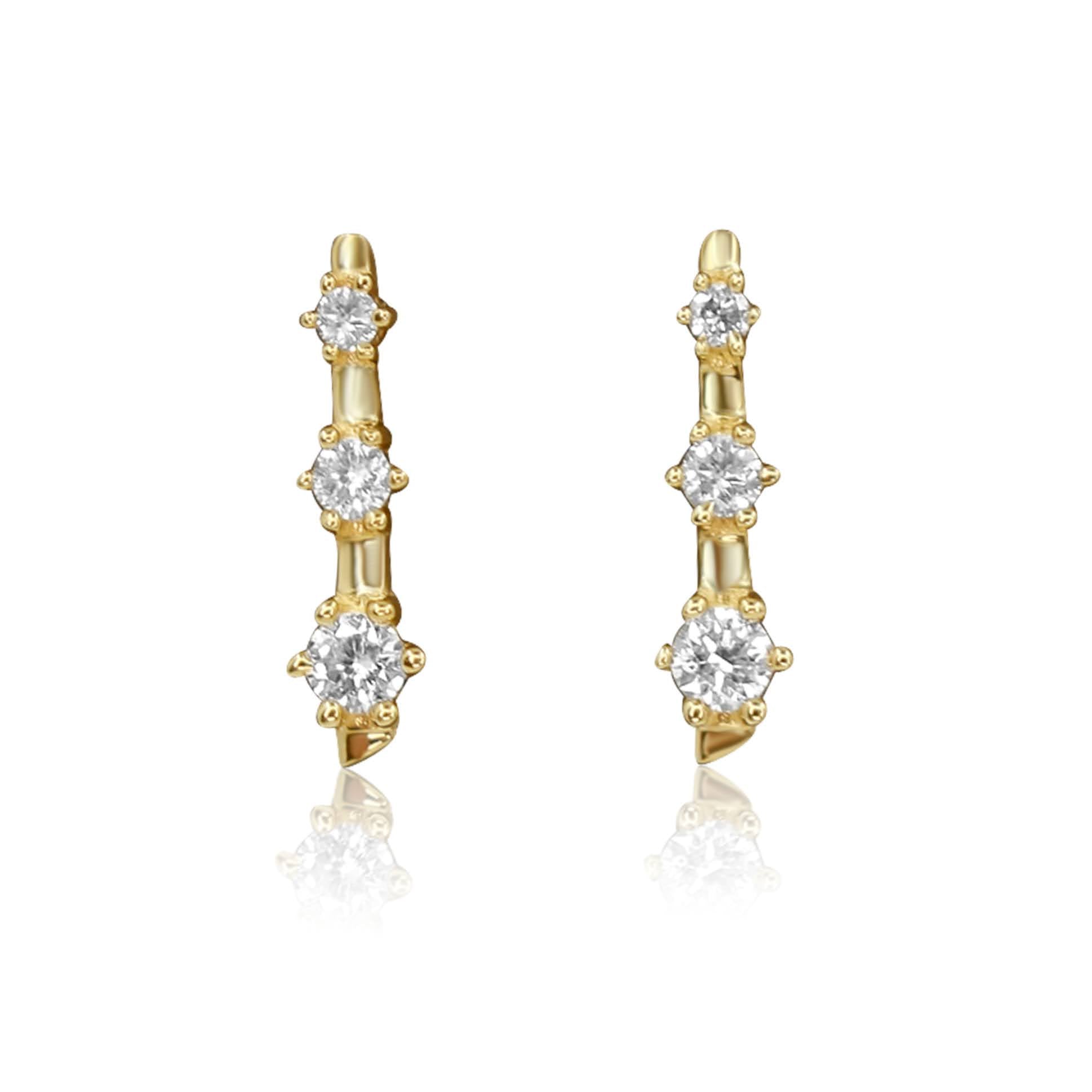 Gold Tripple Prong Diamond Earring-14kt Gold-Monisha Melwani Jewelry