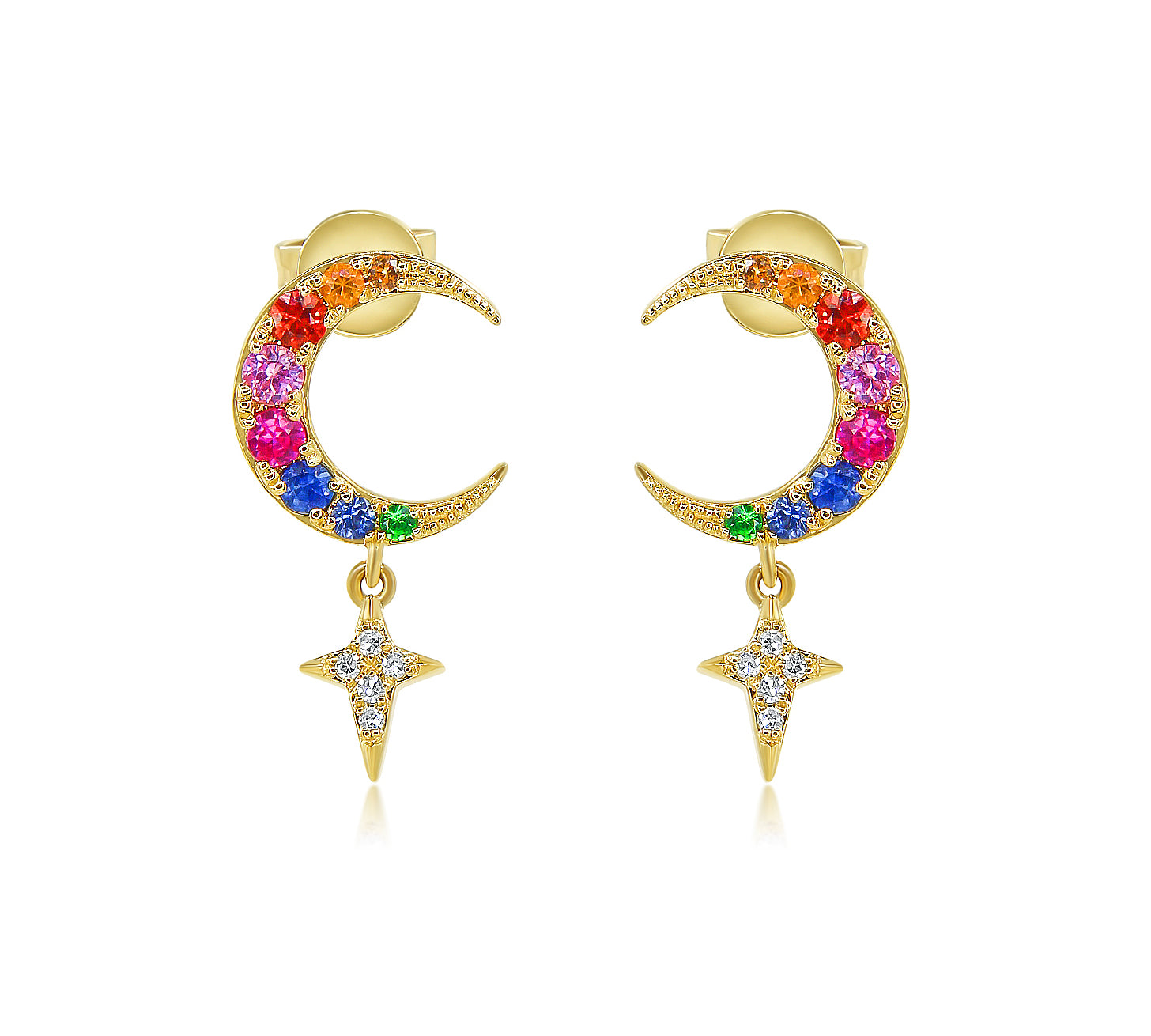 Gold Rainbow Moon and Star Drop Earring - 14KT Yellow Gold - Monisha Melwani Jewelry