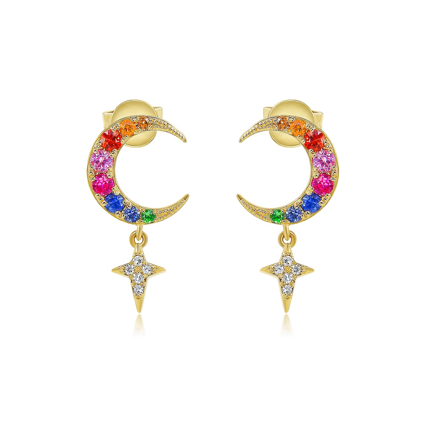 Gold Rainbow Moon and Star Drop Earring - 14KT Yellow Gold - Monisha Melwani Jewelry