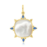 Gold Mother of Pearl and Blue Sapphire Square Pendant