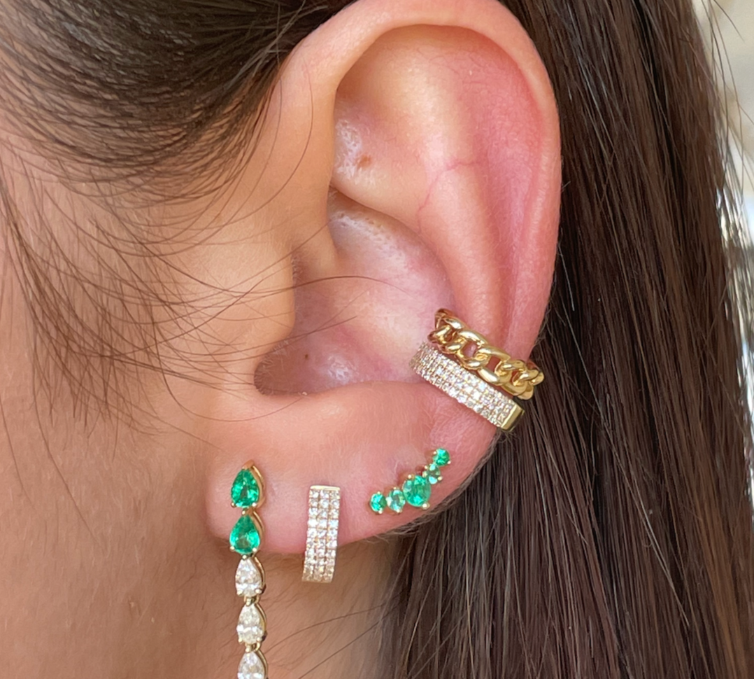 Gold Cluster Emerald Graduated Climber Earring - 14KT Gold - Monisha Melwani Jewelry