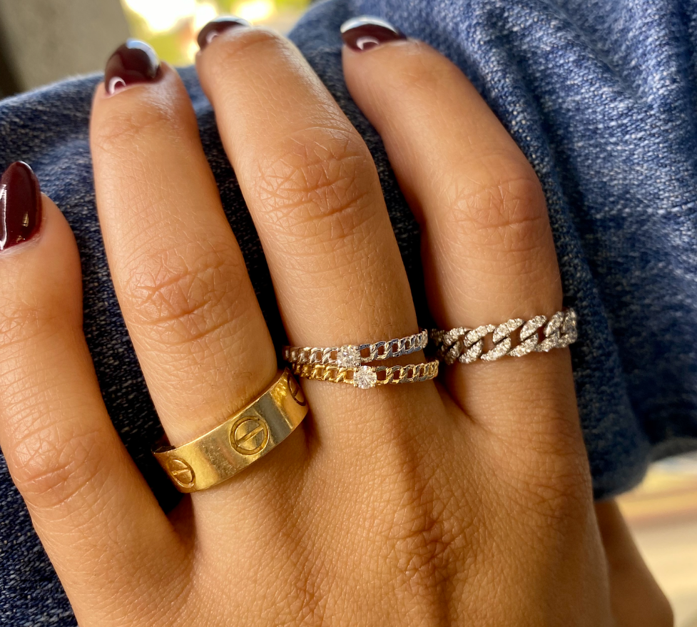 Gold Mini Diamond Chain Ring - 14KT Gold - Monisha Melwani