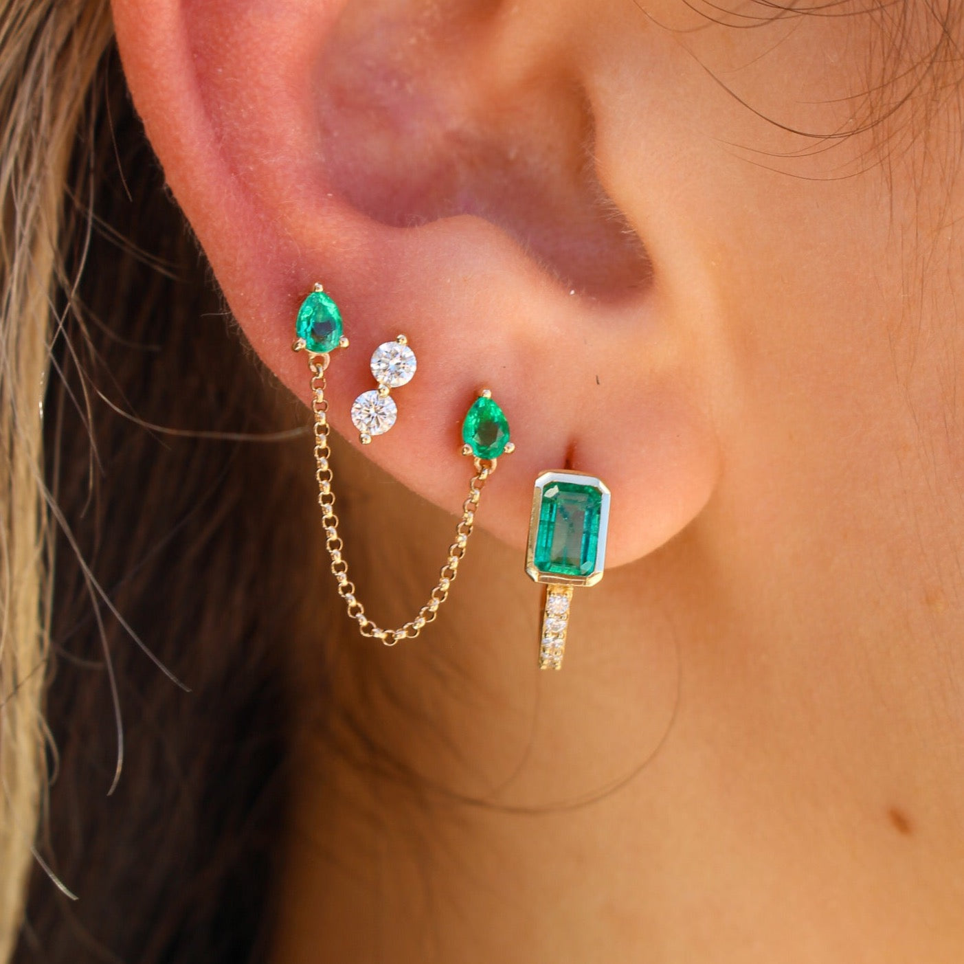 Gold Pear Emerald Connecting Chain Earring by Monisha Melwani Fine Jewelry