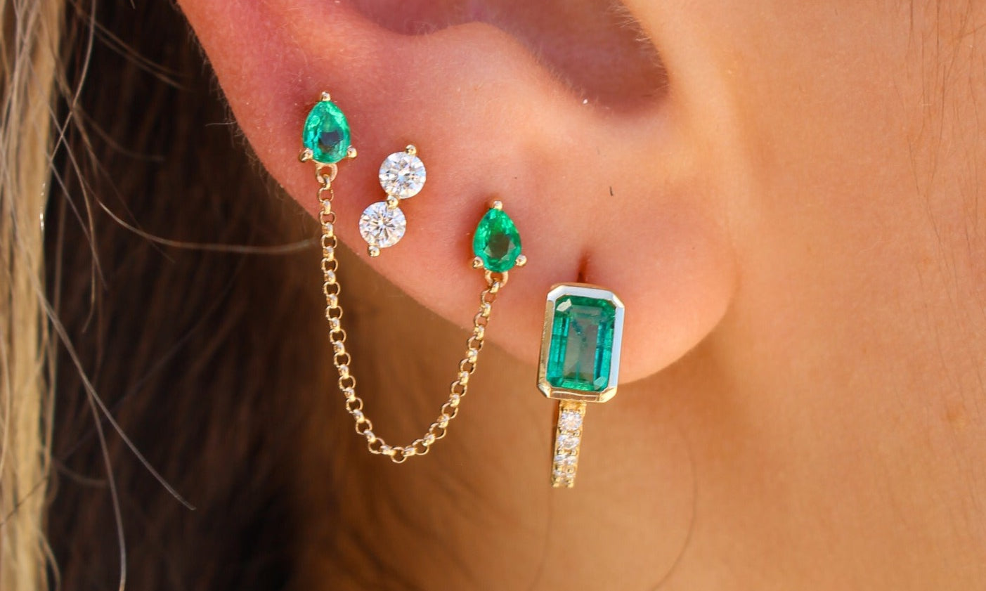 Gold Pear Emerald Connecting Chain Earring by Monisha Melwani Fine Jewelry