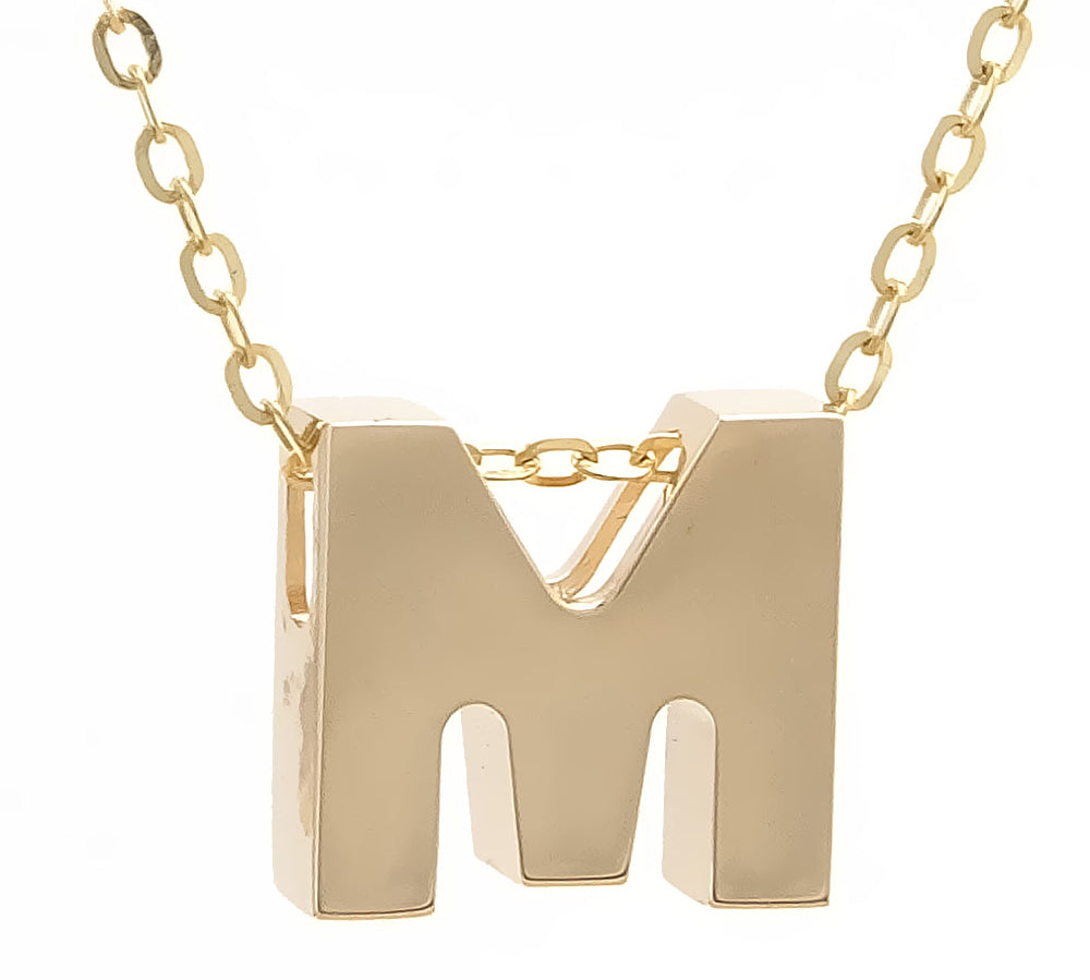 Yellow Gold M Initial Block Necklace