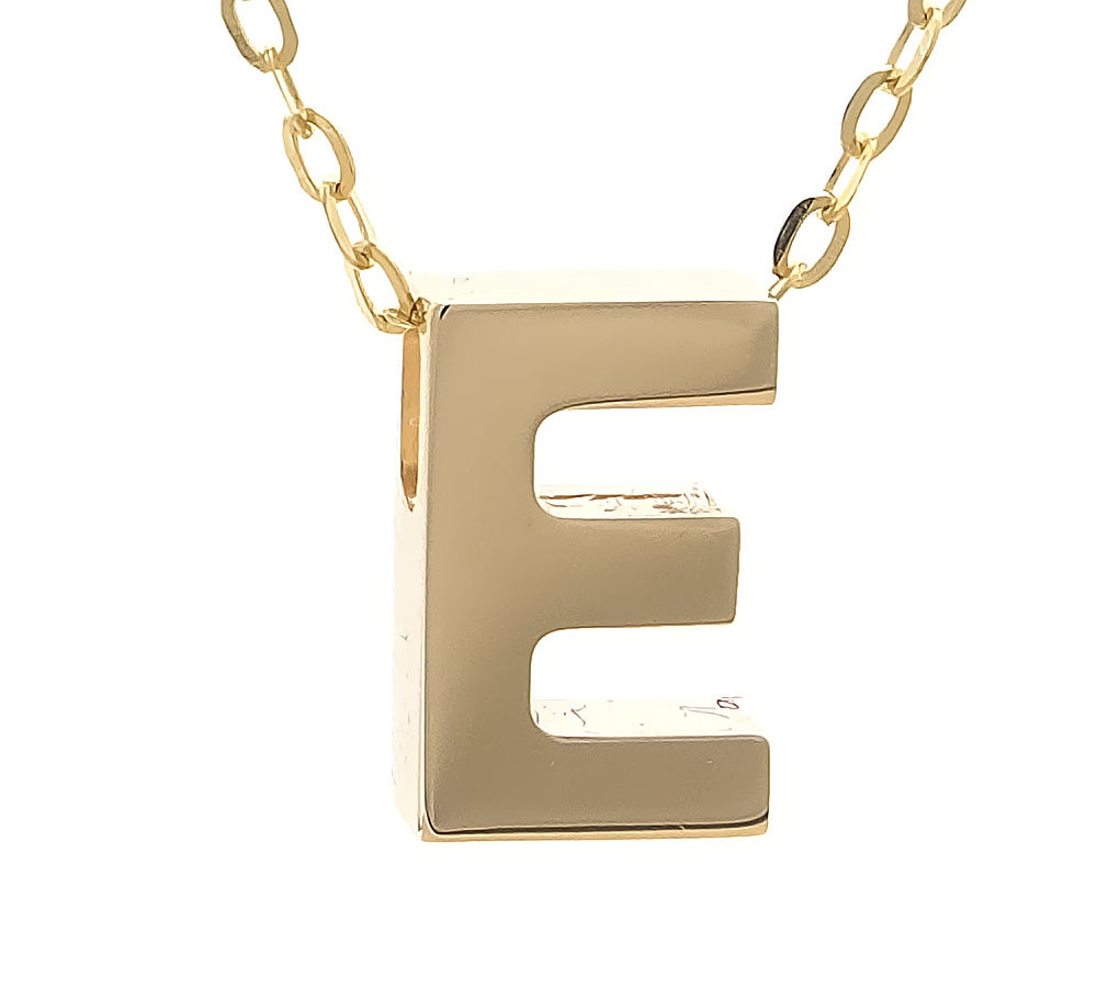 Yellow Gold E Initial Block Necklace