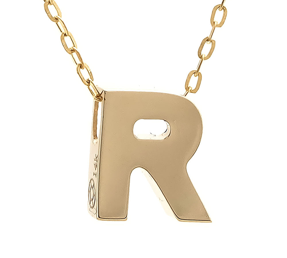 Yellow Gold R Initial Block Necklace