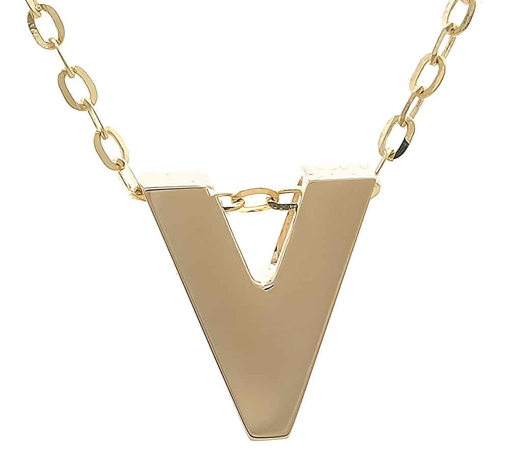Yellow Gold V Initial Block Necklace