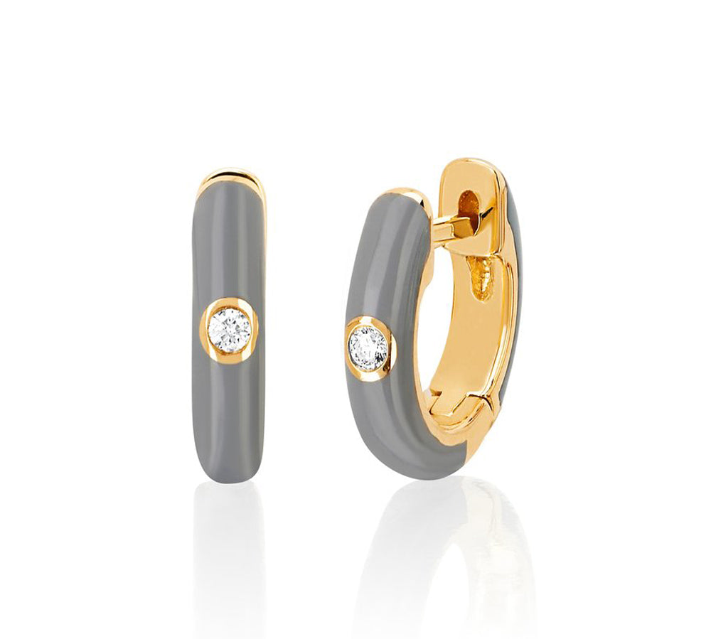 Diamond Light Grey Enamel Huggies - EF Collection - Monisha Melwani Jewelry