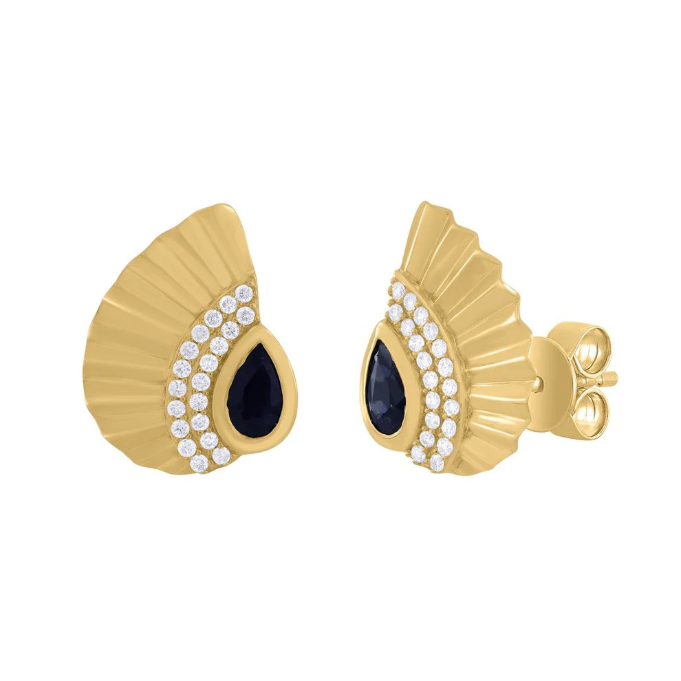 Gold Diamond Black Spinel Fan Stud Earring - Monisha Melwani Jewelry