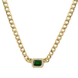 Gold Emerald Cut Emerald Cuban Link Chain Necklace