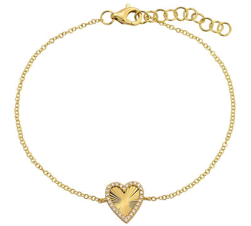 Gold Diamond Line Fluted Heart Chain Bracelet