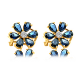 Gold Diamond Navy Sapphire Flower Earring