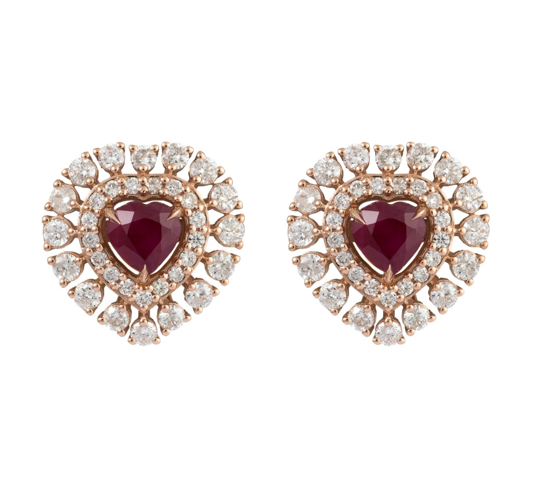 Gold Diamond Ruby Heart Earrings