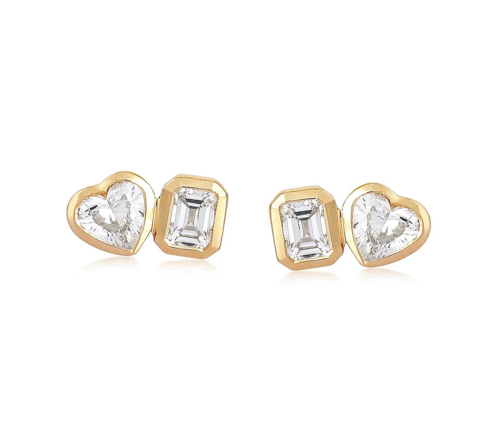 Gold Diamond Heart Emerald Cut Stud Earring by Monisha Melwani