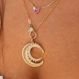 Gold Diamond Pink Sapphire Crescent Moon Pendant