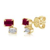 Gold Double Baguette Diamond and Ruby Earring Stud