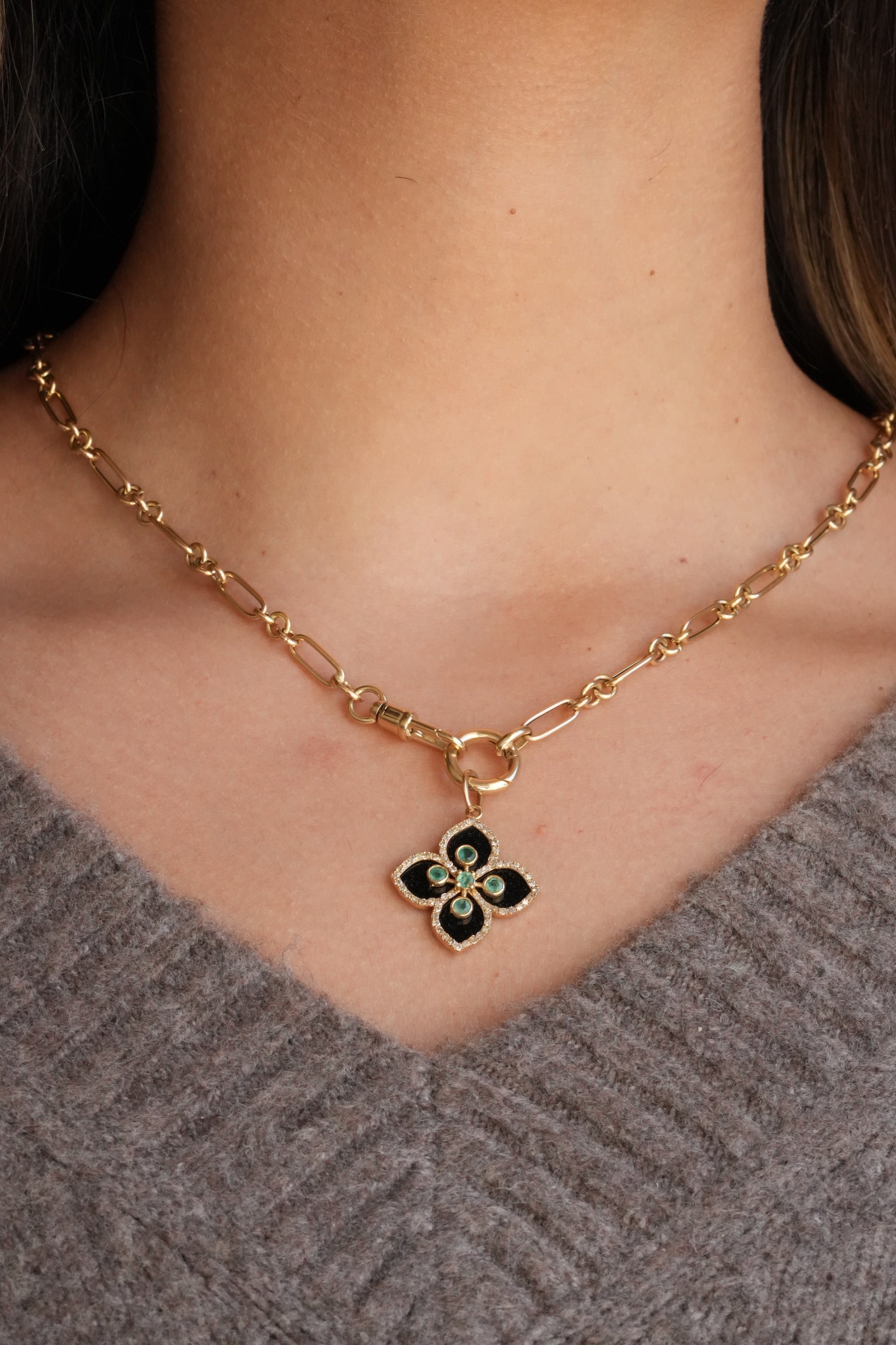 Gold Diamond and Emerald Black Clover Pendant