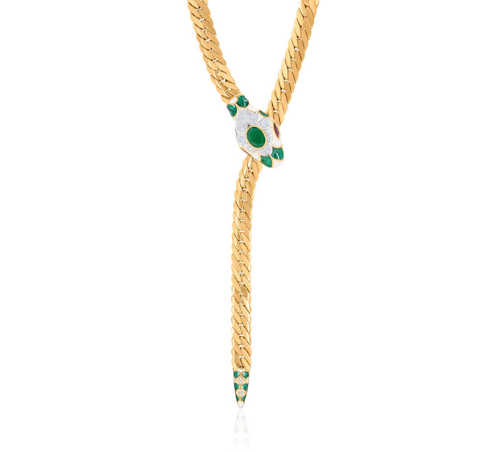 Gold Diamond Snake Cuban Link Lariat Necklace