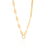 Gold Pinched Paperclip Chain Round Diamond Clasp Necklace