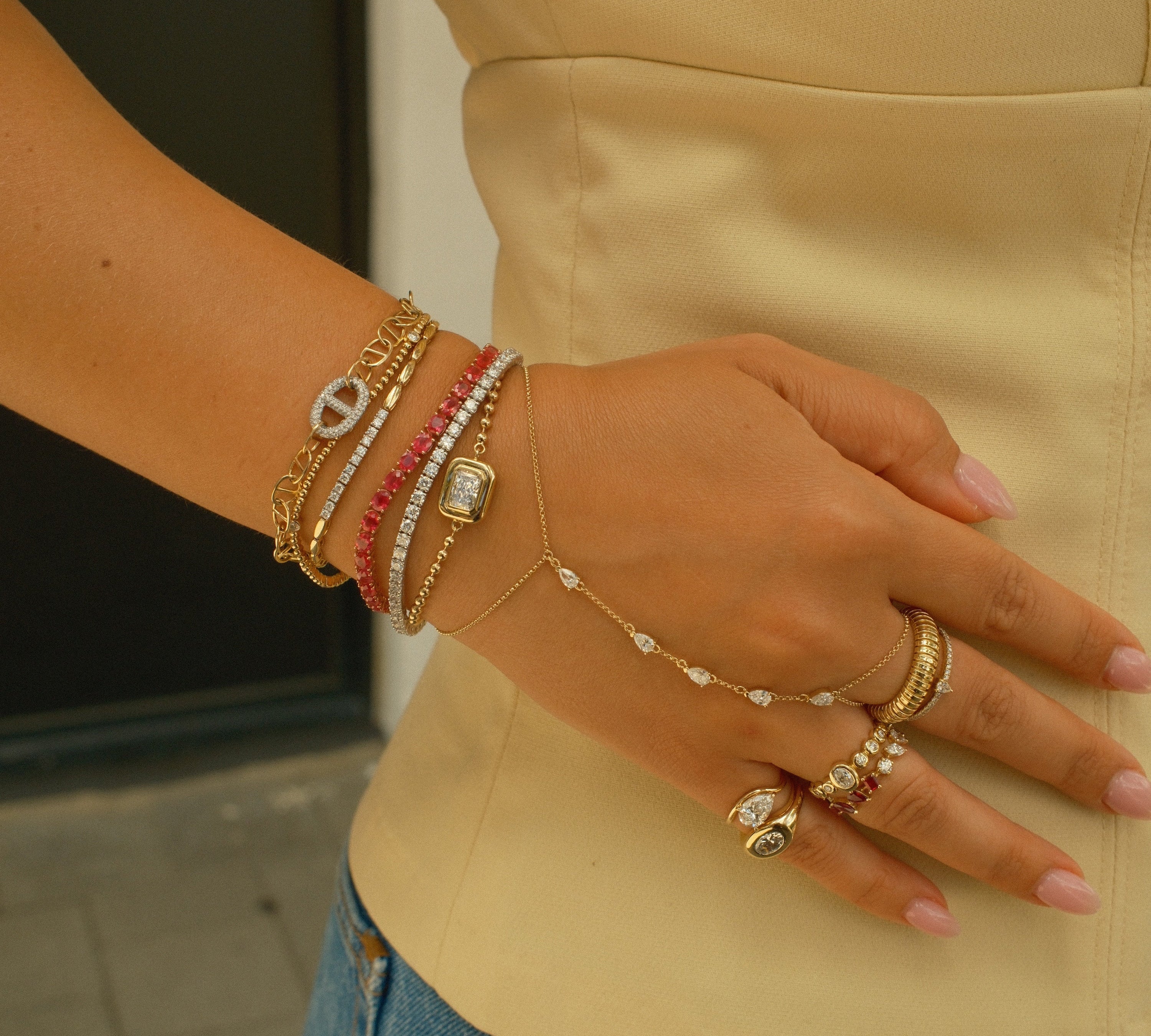 Gold Lab Grown Pear Hand Chain Bracelet