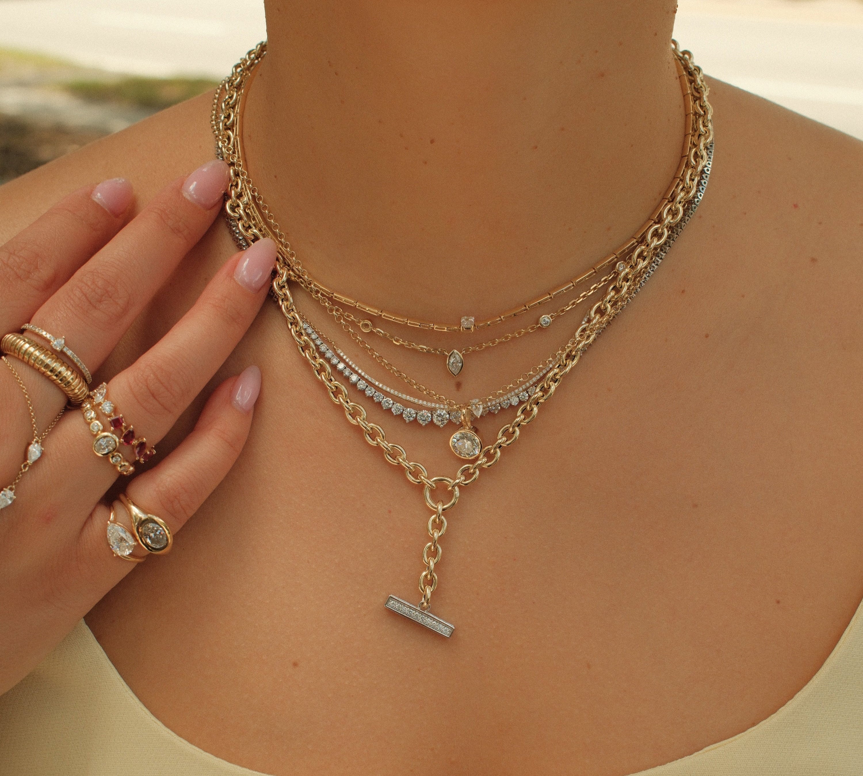 Gold Diamond Round Link Lariat Necklace