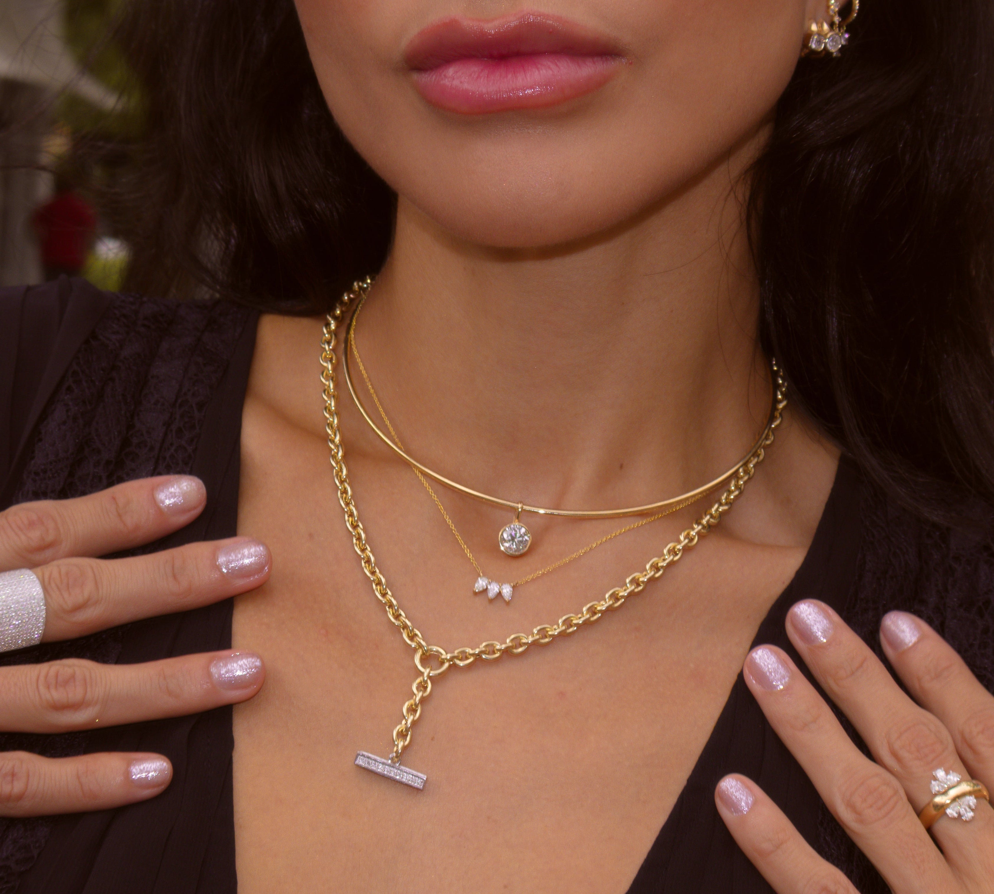 Gold Diamond Round Link Lariat Necklace