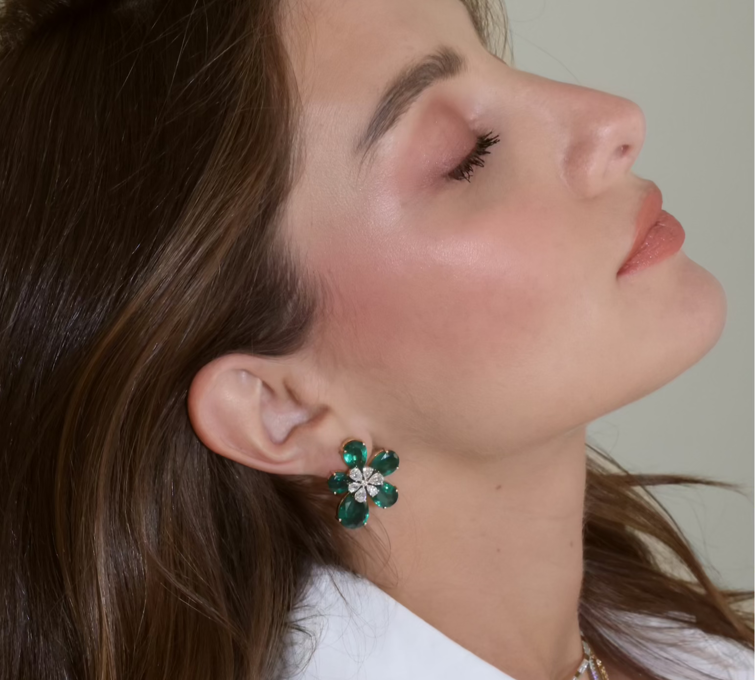 Gold Lab Grown Diamond Emerald Flower Earrings