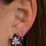 Gold Plated Lab Grown Diamond and Blue Sapphire Flower Earrings