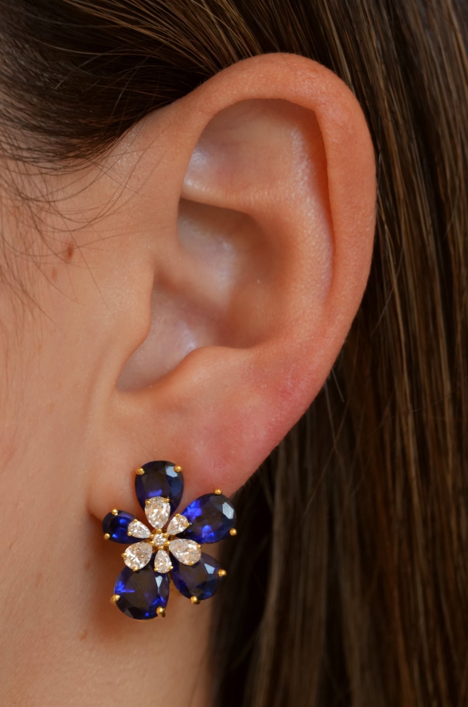 Gold Plated Lab Grown Diamond and Blue Sapphire Flower Earrings