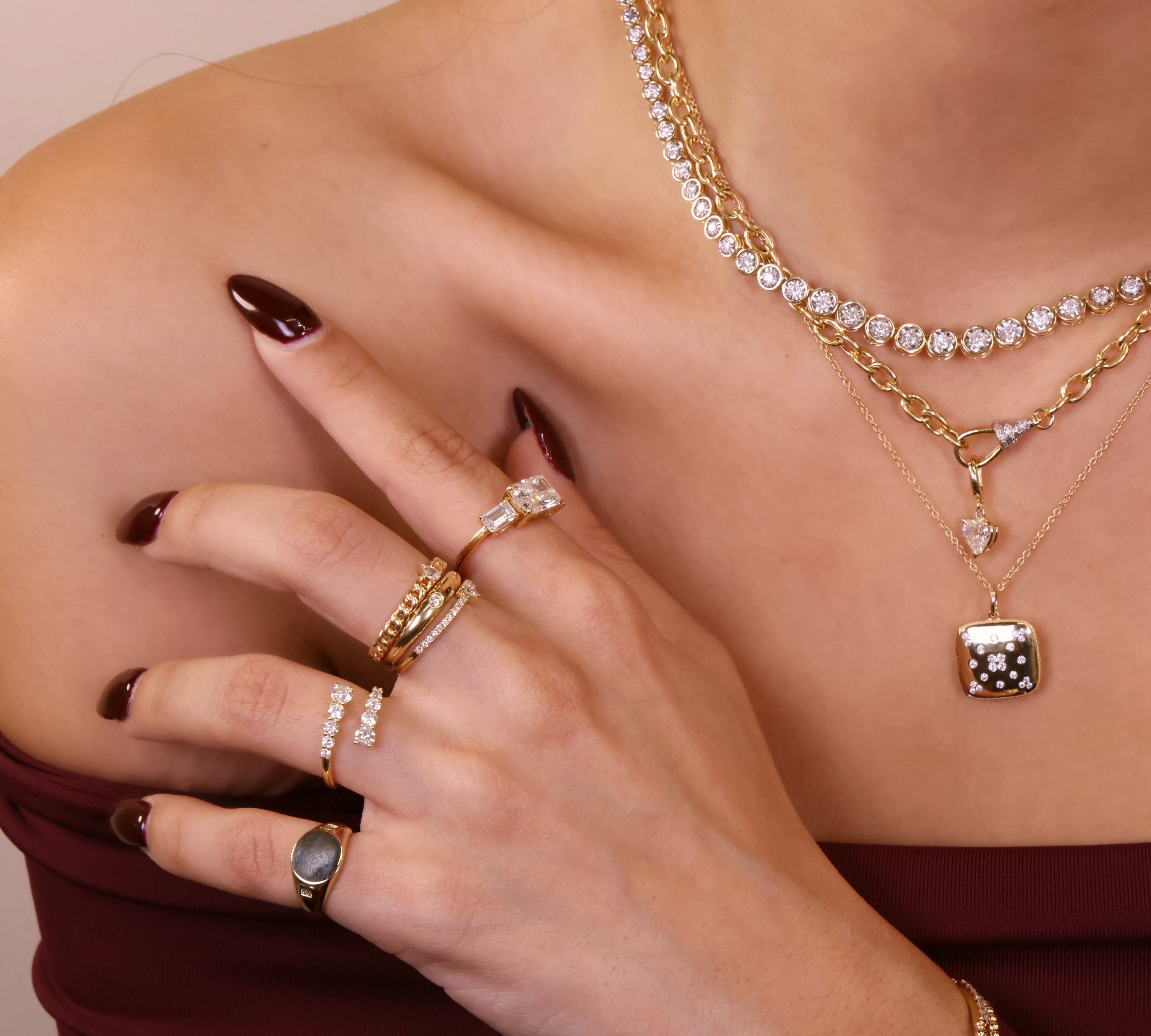 Gold Diamond Square Locket Necklace by Monisha Melwani