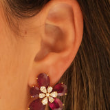 Gold Lab Diamond Ruby Flower Earrings