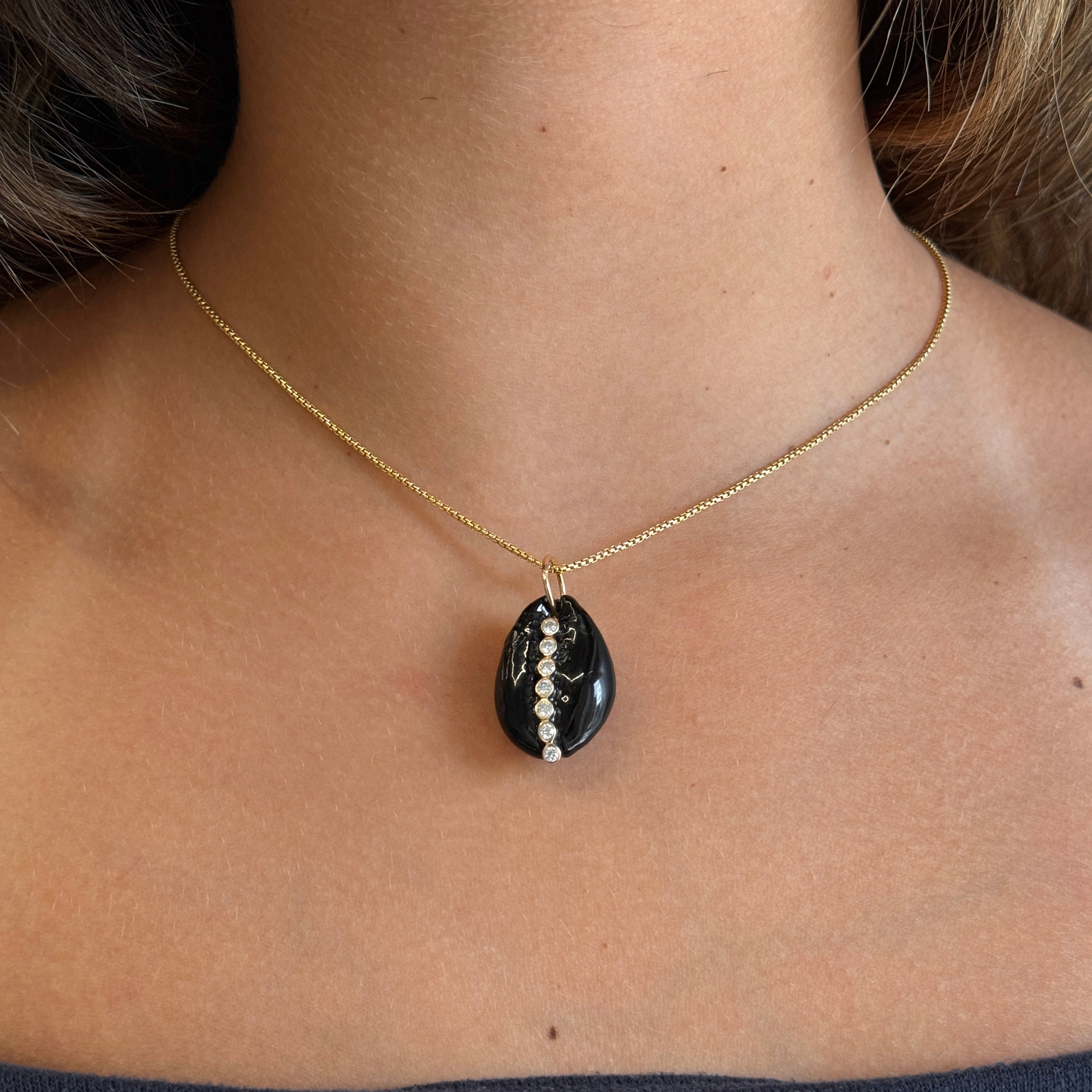 Gold Diamond Black Onyx Cowrie Shell Pendant