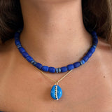 Gold Diamond Blue Cowrie Shell Pendant