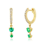 Gold Diamond Emerald Double Drop Hoop Earring