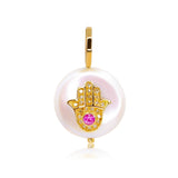 Gold Pearl Hamsa Hand Pink Sapphire Diamond Pendant
