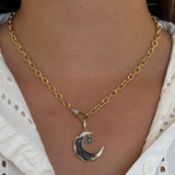 Gold Black and White Diamond Moon Emerald Drop Moon Pendant