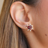 Gold Diamond Spikes Garnet Heart Earring