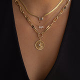 Gold Pinched Paperclip Chain Round Diamond Clasp Necklace