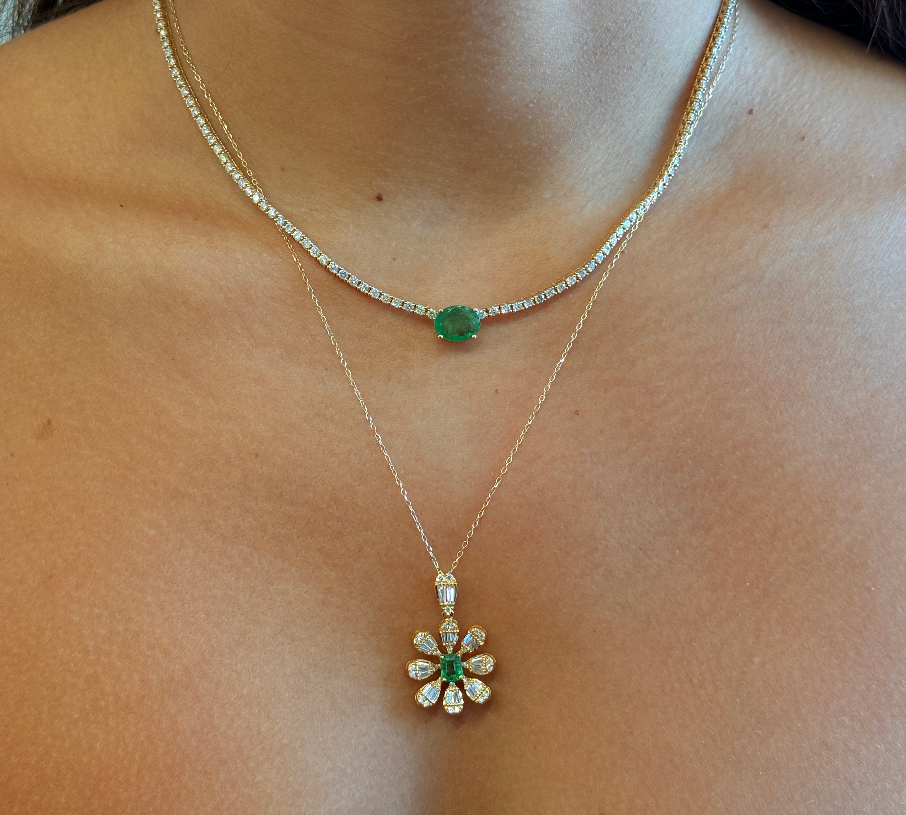Gold Diamond Emerald Flower Pendant