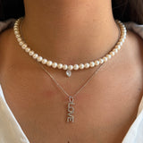 Gold Pearl Necklace with Pear Diamond Drop Charm