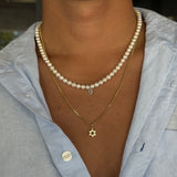 Gold Pearl Necklace with Pear Diamond Drop Charm