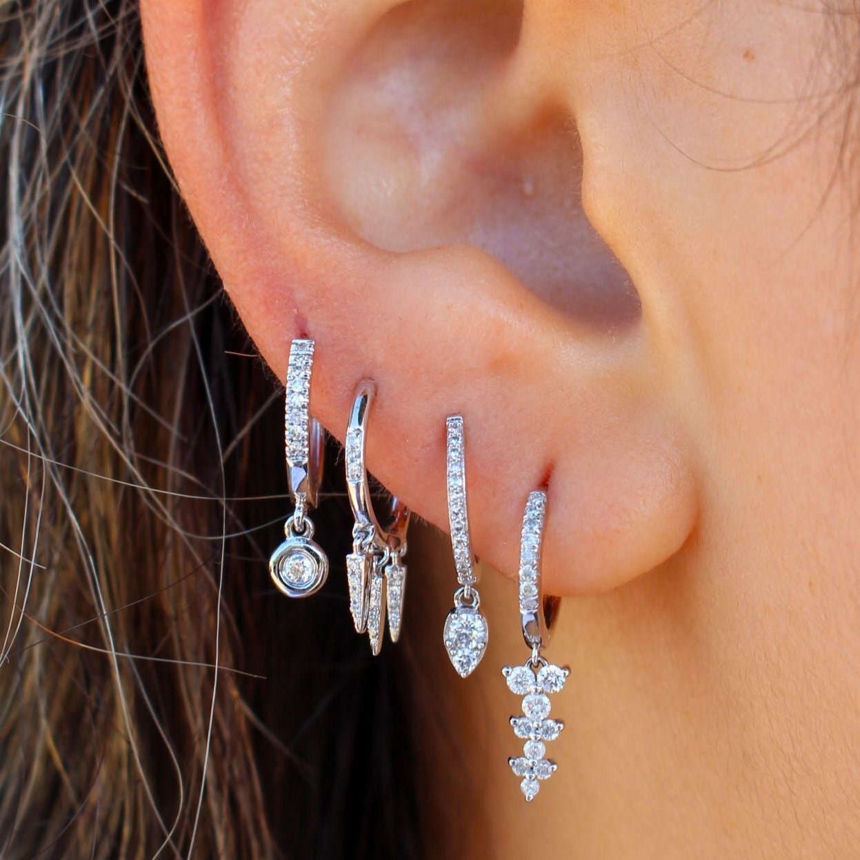 Gold Diamond Bezel Drop Hoop Earring by Monisha Melwani Fine Jewelry