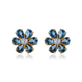 Gold Blue Topaz Diamond Flower Earring